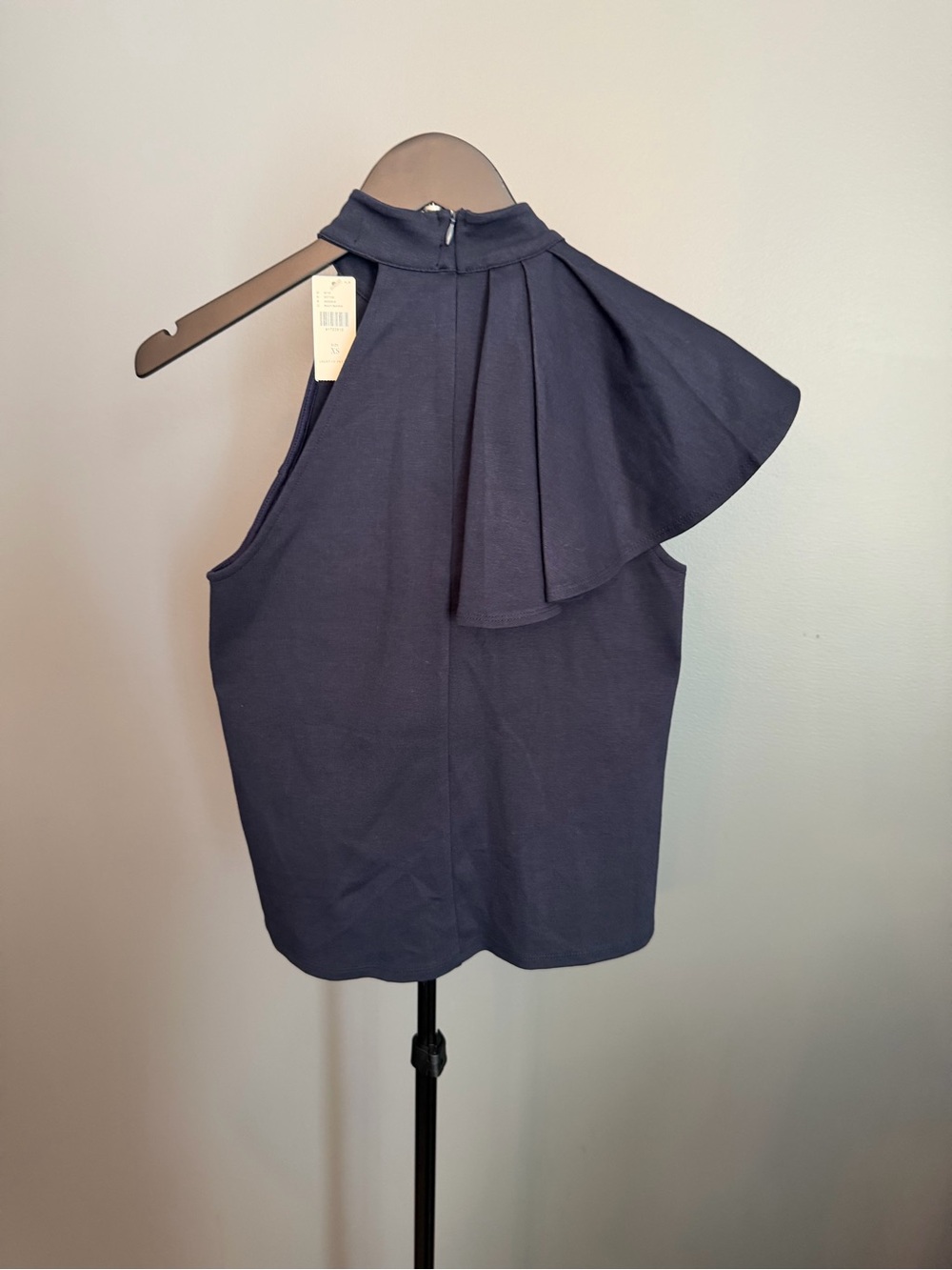 Sleeveless Navy Halter Top with Ruffle Neck